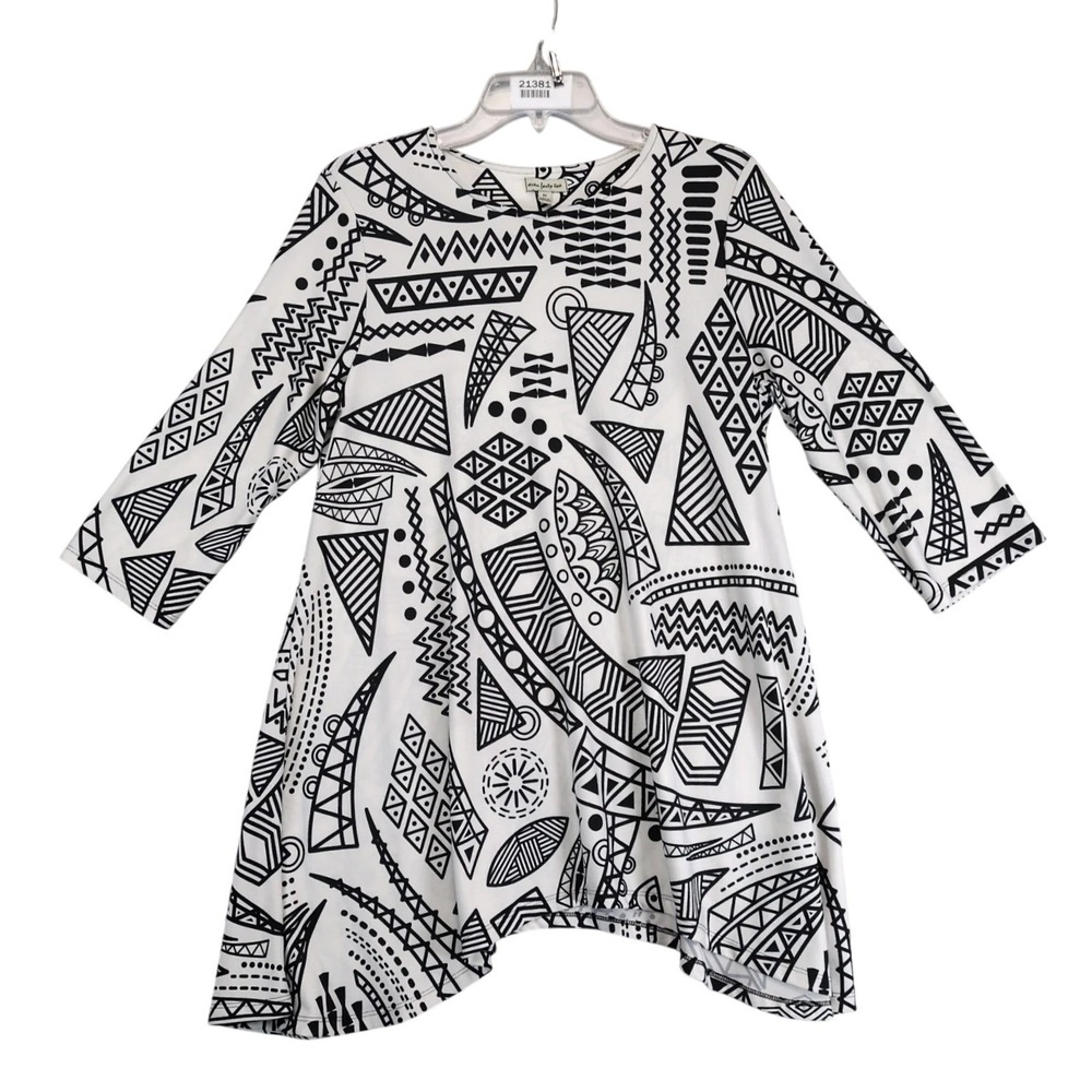 Seven Forty Two Abstract Geometric Tunic‎ Womens M Black White Stretch Top Artsy